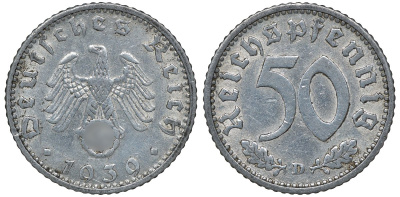Германия 50 рейхспфеннигов 1939 D цена по каталогу МТ 42 евро J. 372, KM 96 алюминий 72-1252