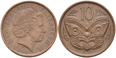 Новая Зеландия 10 центов 2006 маска Маори, Елизавета II (1952-) KM 117а сталь плакированная медью 186-413