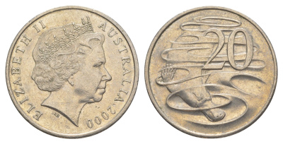 Австралия 20 центов 2000 Елизавета II (1952-2022), утконос KM 403 медно-никель 4385-433