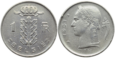 БЕЛЬГИЯ 1 ФРАНК 1951 BELGIE KM 143.1 медно-никель 4390-151