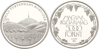 Венгрия 5000 форинтов 2008 Европейское наследие - долина Токай, телебашня KM 811 серебро  PROOF 06-266-25