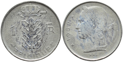 БЕЛЬГИЯ 1 ФРАНК 1952 BELGIQUE KM 142.1 медно-никель 4388-127