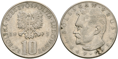 Польша 10 злотых 1975 MW, Болеслав Прус KM 73, Parchimowicz 242a медно-никель 4364-1732