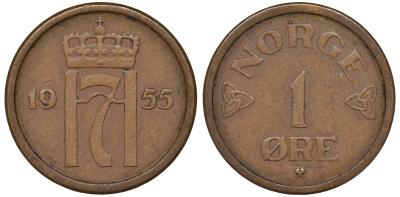 Норвегия 1 эре 1955 Хокон VII (1905-1957) KM 398 бронза 4164-118