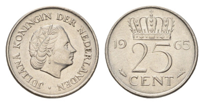 Нидерланды 25 центов 1965 Юлиана (1948-1980) KM 183 никель 4658-842