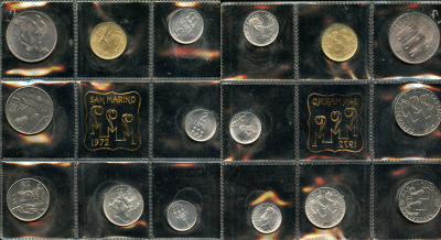 Сан-Марино годовой набор из 8 монет 1972 1, 2, 5, 10, 20, 50, 100 и 500 лир мать поднимает ребенка в воздух KM 14-21, в оригинальной пластиковой запайке серебро KM MS1 серебро UNC 1-5-2-27