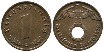 Германия 1 рейхспфенниг 1938 A KM 89, J. 361 бронза    220-268