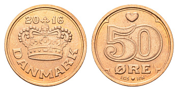 Дания 50 эре 2016 Маргрете II (1972-2024) KM 866 бронза UNC 75-437