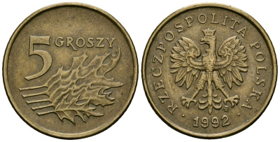 Польша 5 грошей 1992 MW KM 278 латунь 4136-769