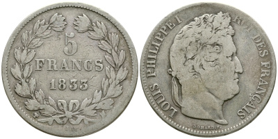 Франция 5 франков 1833 M, Луи Филипп I (1830-1848) KM 749.9 серебро 1066-6-32