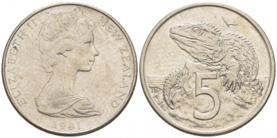Новая Зеландия 5 ЦЕНТОВ 1981 ТУАТАРА, ТРЕХГЛАЗАЯ ЯЩЕРИЦА ОТРЯДА КЛЮВОГОЛОВЫХ, ЕЛИЗАВЕТА II KM 34.1 медно-никель 214-854
