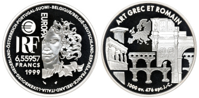 Франция 1 евро = 6,55957 франков 2000 греко-романский стиль в архитектуре (1000 до н.э.- 476 н.э.) в коробке с сертификатом KM 1244 серебро PROOF 4-3-3-13
