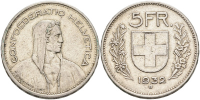 Швейцария 5 франков 1932 В KM 40 серебро 88-1012