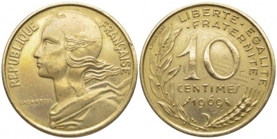 ФРАНЦИЯ 10 САНТИМОВ 1969 ТИП MARIANNE KM 929 медь алюминий никель 105-1229