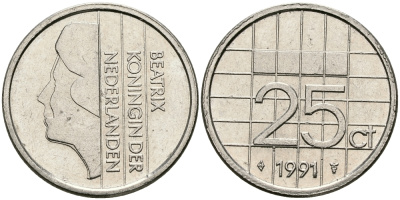 НИДЕРЛАНДЫ 25 ЦЕНТОВ 1991 БЕАТРИКС KM 204 никель 96-324
