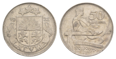Латвия 50 сантимов 1922 год-тип KM 6 никель 4657-752