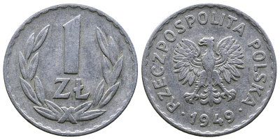 ПОЛЬША 1 ЗЛОТЫЙ 1949 KM 45a алюминий 4383-1251