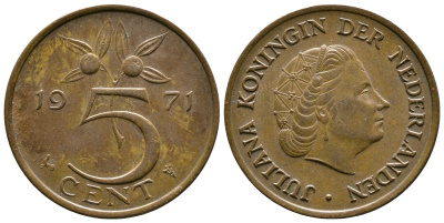 НИДЕРЛАНДЫ 5 ЦЕНТОВ 1971 ЮЛИАНА KM 181 бронза 261-333