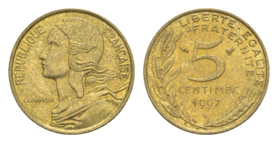 Франция 5 сантимов 1997 тип Morlon KM 933, Le Franc 125.40 алюминиевая бронза UNC 4630-352