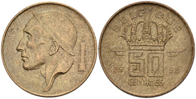 БЕЛЬГИЯ 50 САНТИМОВ 1952 BELGIQUE KM 148.1 бронза 4528-939