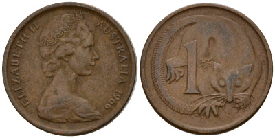 Австралия 1 цент 1966 Елизавета II (1953-), молодой портрет, опоссум KM 62 бронза 4602-212