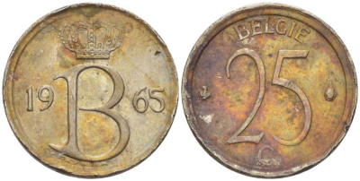 Бельгия 25 сантимов 1965 Belgie, Бодуэн I (1951-1993) KM 154.1 медно-никель 214-633