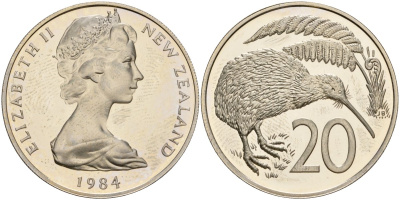 Новая Зеландия 20 центов 1984 Елизавета II (1952-2022), птичка киви KM 36.1 медно-никель PROOF 3711-1522