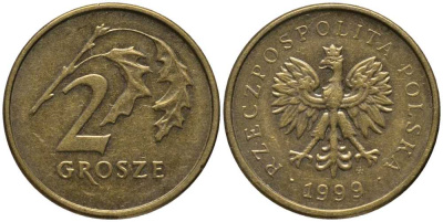 Польша 2 гроша 1999 MW KM 277, Parchimowicz 702f латунь 201-411