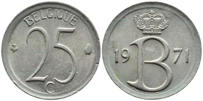 БЕЛЬГИЯ 25 САНТИМОВ 1971 BELGIQUE KM 153.1 медно-никель 4392-435