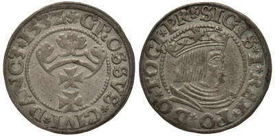 Данциг 1 грош 1532 Сигизмунд I Старый (1506-1548), вес 1,89 гр. серебро 1516-1433