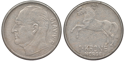 Норвегия 1 крона 1969 лошадь KM 409 медно-никель 25-2141