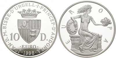 Андорра 10 динеров 1998 греческая принцесса Европа KM 150 серебро PROOF 11-039-45