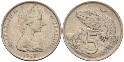 Новая Зеландия 5 центов 1969 Елизавета II (1952-2022), ящерица гаттерия KM 34.1 медно-никель 4602-649