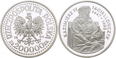Польша 200000 злотых 1993 серия Польские короли, Казимир IV Ягайлович (1447-1492), на троне, тираж 5000 экз. KM 258 серебро PROOF 00-821-08