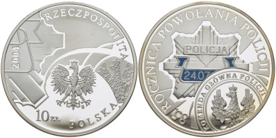Польша 10 злотых 2004 MW, 85 лет польской полиции, цветная эмаль KM 502 серебро PROOF 02-262-32