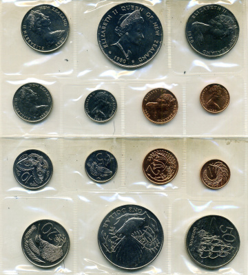 Новая Зеландия набор из 7 монет (1, 2, 5, 10, 20 и 50 центов; 1 доллар) 1980 в оригинальной упаковке KM 31, 32, 34, 36, 37, 41 и 49 BU 2-5-1-18