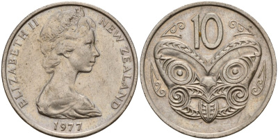 Новая Зеландия 10 центов 1977 Елизавета II (1952-2022), маска маори KM 41 медно-никель 4142-1211