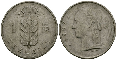 Бельгия 1 франк 1957 KM 143 медно-никель 4177-1036