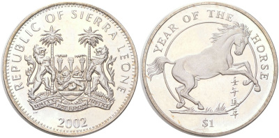 Сьерра-Леоне 1 доллар 2002 Год лошади KM 256 медно-никель BU 4368-1034