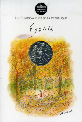 Франция 10 евро 2014 карикатуры Жан-Жака Сампе, осень-равенство, люди с зонтом на велосипеде, в оригинальном буклете KM NEW серебро UNC 1-4-3-09