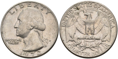 США 25 центов (квотер) 1972 D, Вашингтон KM 164a медь плакированная медно-никелем 4584-1021