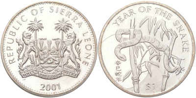 Сьерра-Леоне 1 доллар 2001 Год Змеи KM 198 медно-никель BU 4368-1032
