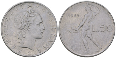 Италия 50 лир 1963 , бог огня Вулкан у наковальни KM 95.1 нержавеющая сталь 212-555