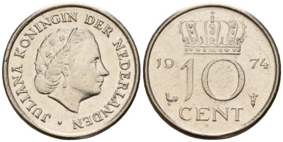 Нидерланды 10 центов 1974 Юлиана (1949-1980) KM 182 никель    4598-317