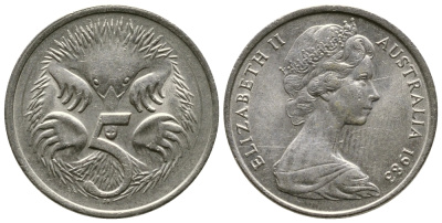 АВСТРАЛИЯ 5 ЦЕНТОВ 1983 ЕЛИЗАВЕТА II, МОЛОДОЙ ПОРТРЕТ, ЕХИДНА KM 64 медно-никель 84-826