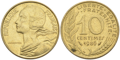 ФРАНЦИЯ 10 САНТИМОВ 1986 ТИП MARIANNE KM 929, LE FRANC 144.26 медь алюминий никель 4573-1033