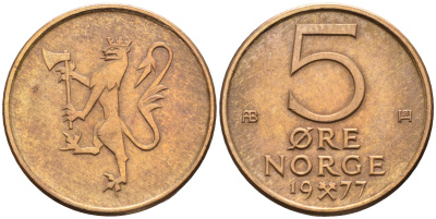 Норвегия 5 эре 1977 Улаф V (1958-1991) KM 415 бронза    4169-317