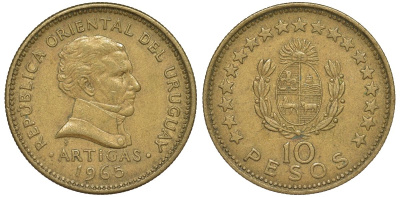 Уругвай 10 песо 1965 KM 48 алюминиевая бронза 69-215