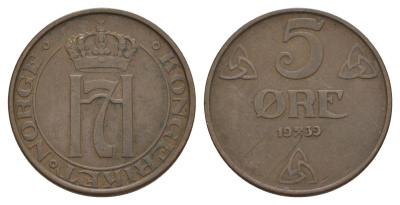 Норвегия 5 эре 1939 Хокон VII (1905-1957) KM 368 бронза 4635-532