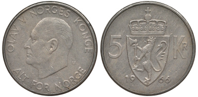 Норвегия 5 крон 1966 Улаф V (1958-1991) KM 420 медно-никель 4123-823
